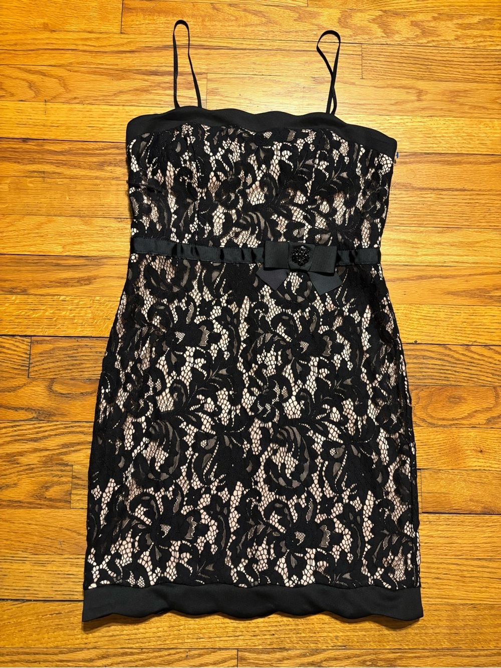 City Studio Black Lace Over Nude Mini Dress with Bow